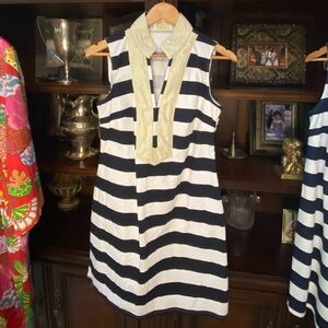 Sail To Sable, Black and White Striped Sleeveless Dress with Gold Collar
